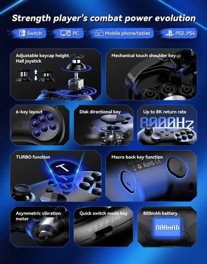 Y04 Game Controller 6-key Fighting Game Controller with Adjustable Height Hall Joystick Supporting PC/IOS/Switch/Android