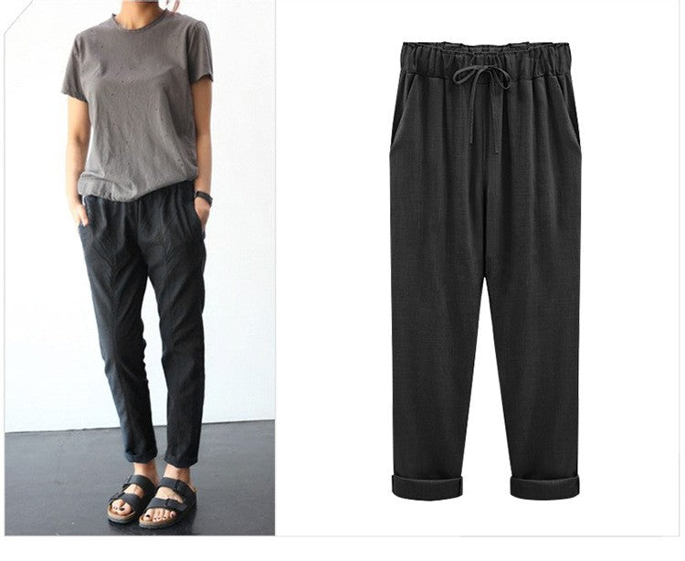 Cotton Linen Pants, Elastic Mid Waist Ankle Length Pant, Casual Women Loose Spring Pants, Female Slacks Size M-5XL 6XL 7XL 8XL