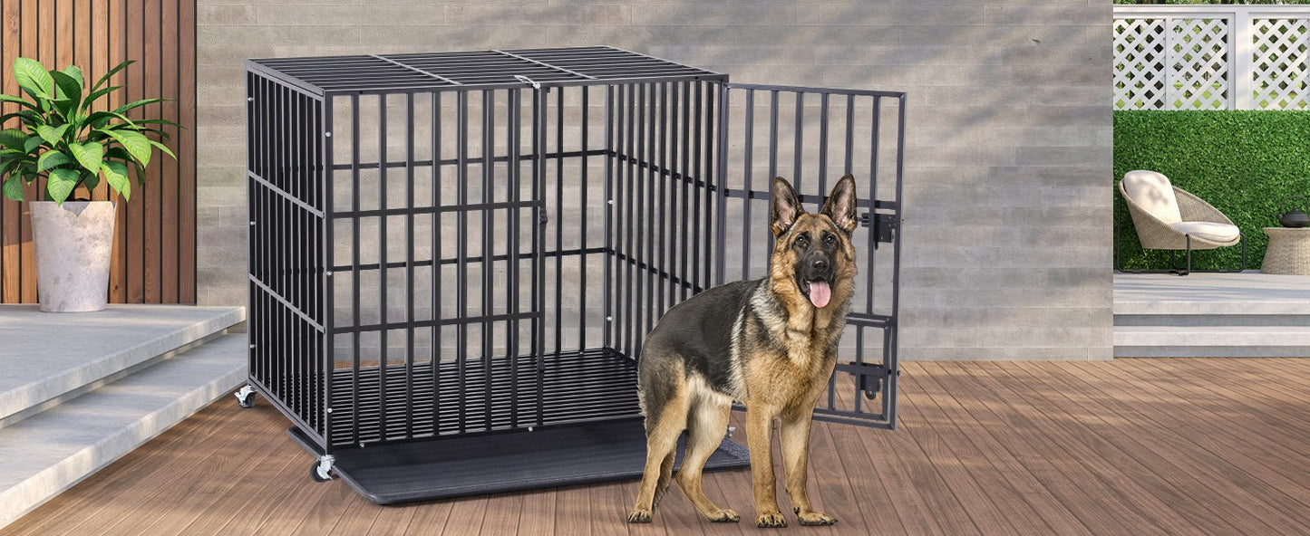 Caixa Grande Reforçada para Cães XXL Gaiola Resistente para Animais de Estimação Tubo Quadrado de Metal Canil Cercadinho com Rodas Traváveis e Bandeja