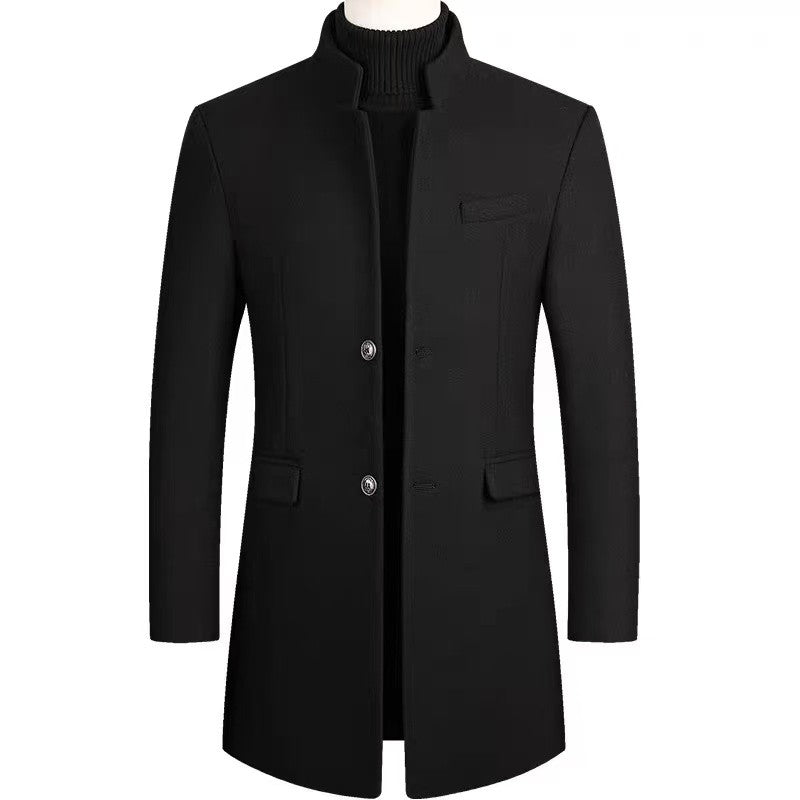 Autumn and winter men's woolen overcoat, mid-length trench coat with cotton and thick men's jacket, middle-aged overcoat