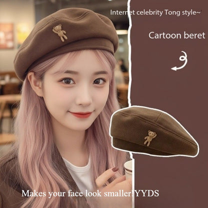 Female Autumn and Winter Temperament Retro Cartoon Teddy Bear Big Head Circumference Showing Face Small Fashion Woolen Beret