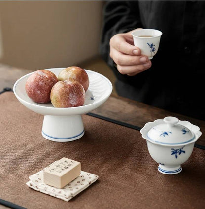 Pure Hand-painted Butterfly Orchid Fruit Plate, Dehua White Porcelain Tea Snack Living Room Table, High Footed Fruit Snack Plate