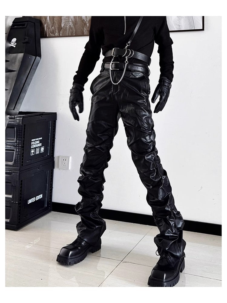 Mauroicardi Spring Autumn Cool Long Ruched Soft Black Pu Leather Stacked Pants for Men Luxury Designer Cyberpunk Rock Clothes
