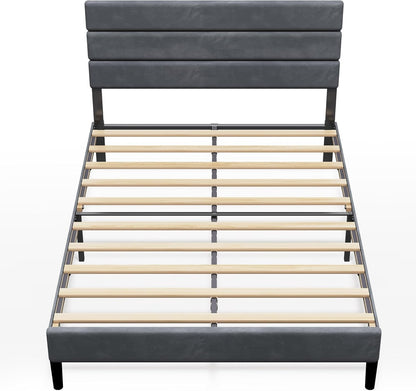 Full Size Upholstered Bed Frame, Velvet Square Tufted Headboard,Sturdy Metal & Wooden Slats Support, No Box Spring Neede