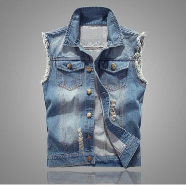 Cowboy vest men's spring and autumn new slim fit denim vest jacket men's casual sleeveless vest denim top with two chest pockets
