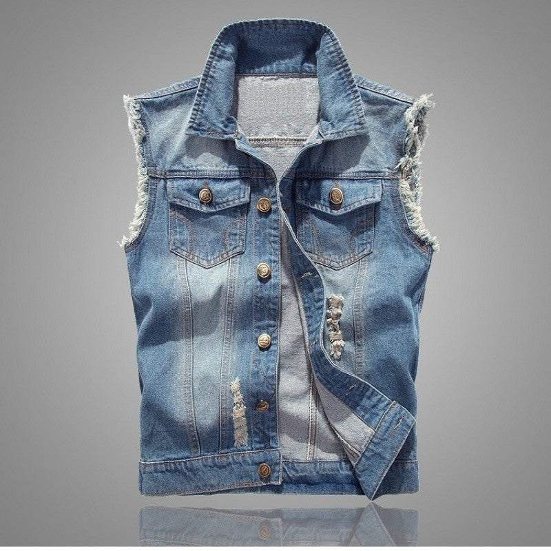 Cowboy vest men's spring and autumn new slim fit denim vest jacket men's casual sleeveless vest denim top with two chest pockets