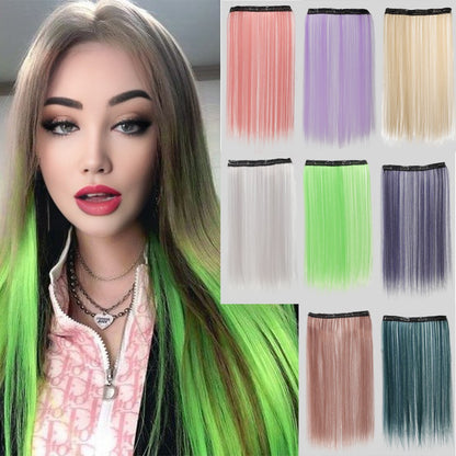 Apliques de cabelo liso sintético 50cm com 4 mechas coloridas, rabo de cavalo de clipe, perucas rosa/azul/roxa, perucas de Halloween/Natal