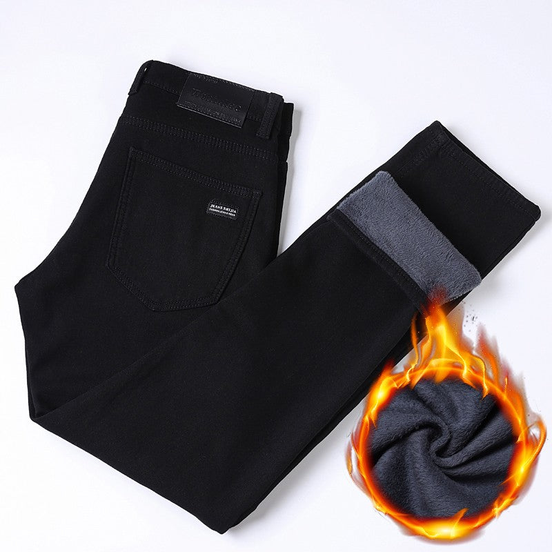 Calça Jeans Masculina Forrada de Lã para Inverno, Reta, Elástica, Preta, de Veludo Grosso, Quente, Casual, Masculina, Tamanhos Grandes