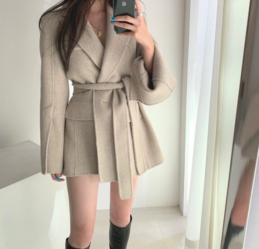Retro Chic Autumn Winter Woolen Coat One Button Long Sve Suit Collar Waist Cinched Side Slit Warm Knitwear for Women