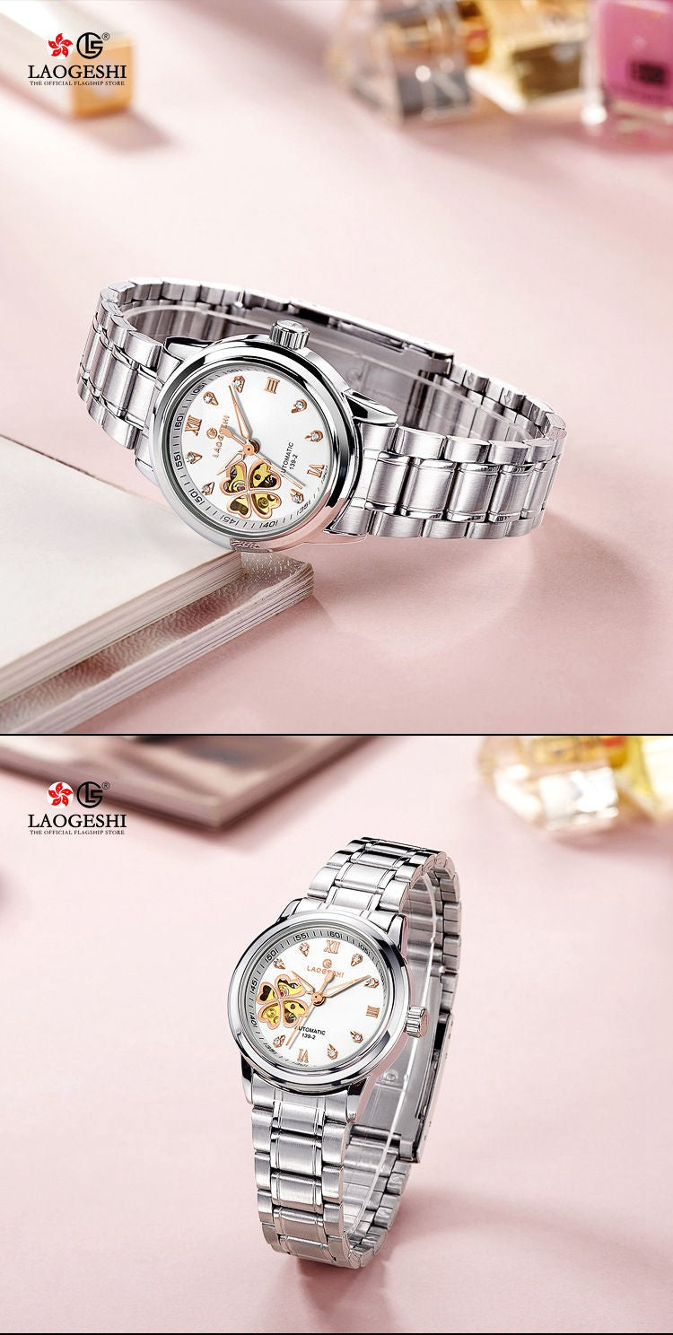 Women Automatic Mechanical Watches Diamond Four-leaf Clover WristWatches Ladies Rose Leather Watch Waterproof Senhoras Assistir