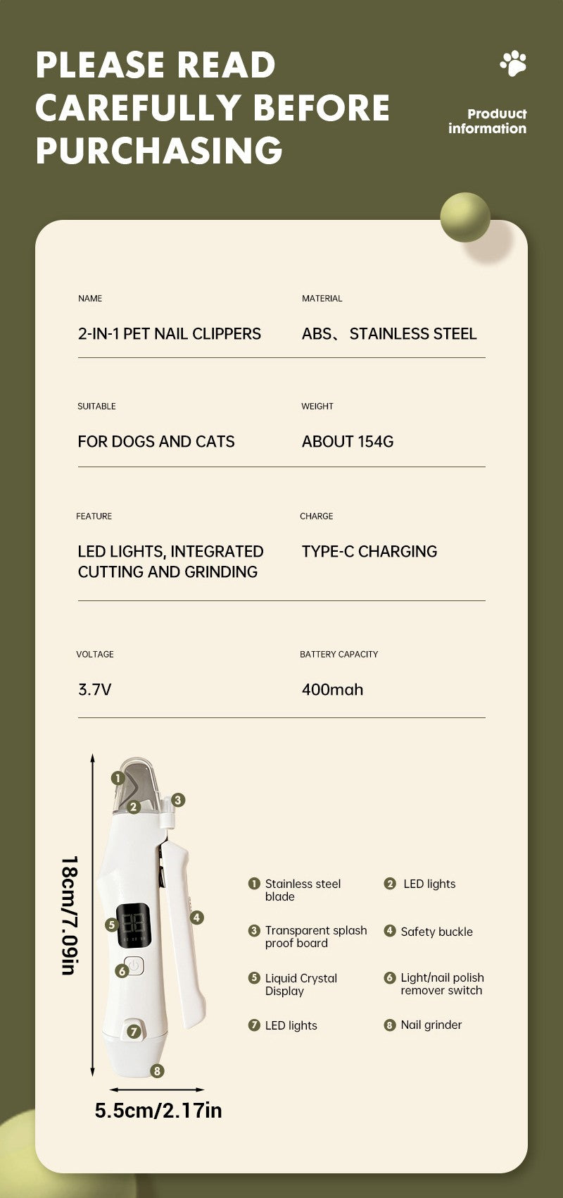 Aparador de Unhas Elétrico 2 EM 1 para Pets com Luzes LED Lixador de Unhas para Pets Aparador e Lixador de Unhas de Cães para Cães/Gatos de Pequeno, Médio e Grande Porte