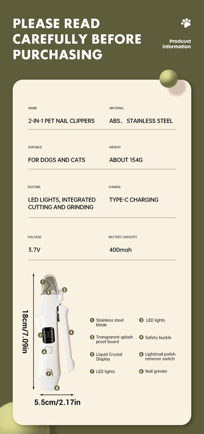 Aparador de Unhas Elétrico 2 EM 1 para Pets com Luzes LED Lixador de Unhas para Pets Aparador e Lixador de Unhas de Cães para Cães/Gatos de Pequeno, Médio e Grande Porte