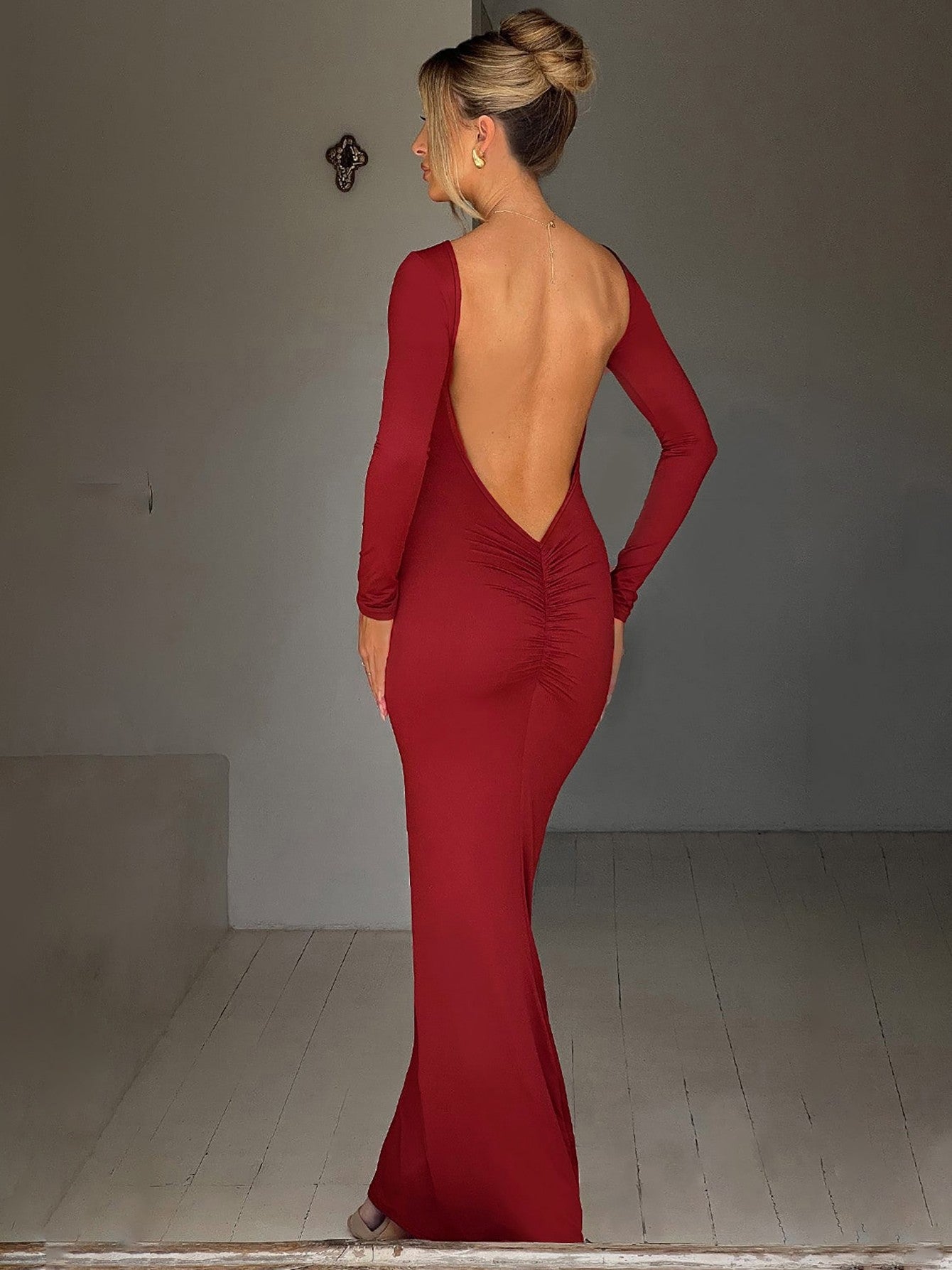 Hugcitar Spring Elegant Long Sleeve Backless Solid Cuched Sexy Bodycon Maxi Prom