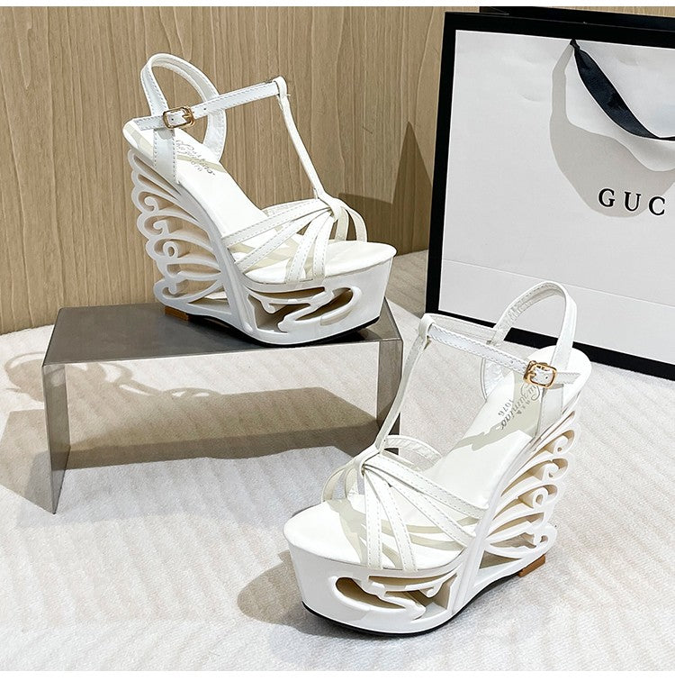 2022 New High Heels Women Pumps Thick Platform Buckle Strap Nightclub Shoes Catwalk Model Show 14.5CM Hollow Out Wedge Sandals
