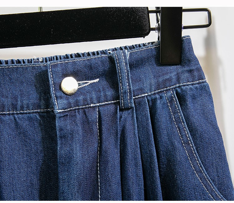 Plus Size Denim Skirt Women Summer 2025 New Korean Style High Waist A Line Pleated Long Jean Skirt Casual Women Maxi Skirt