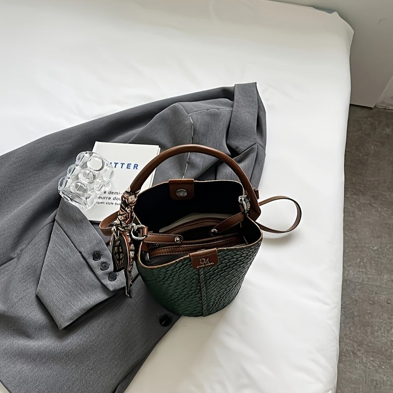 Women's Woven Bucket Bag.Deep Brown/Beige/Green/Black.Detachable Strap,Durable & Easy Clean.For Travel & Formal Events.Shop Now!