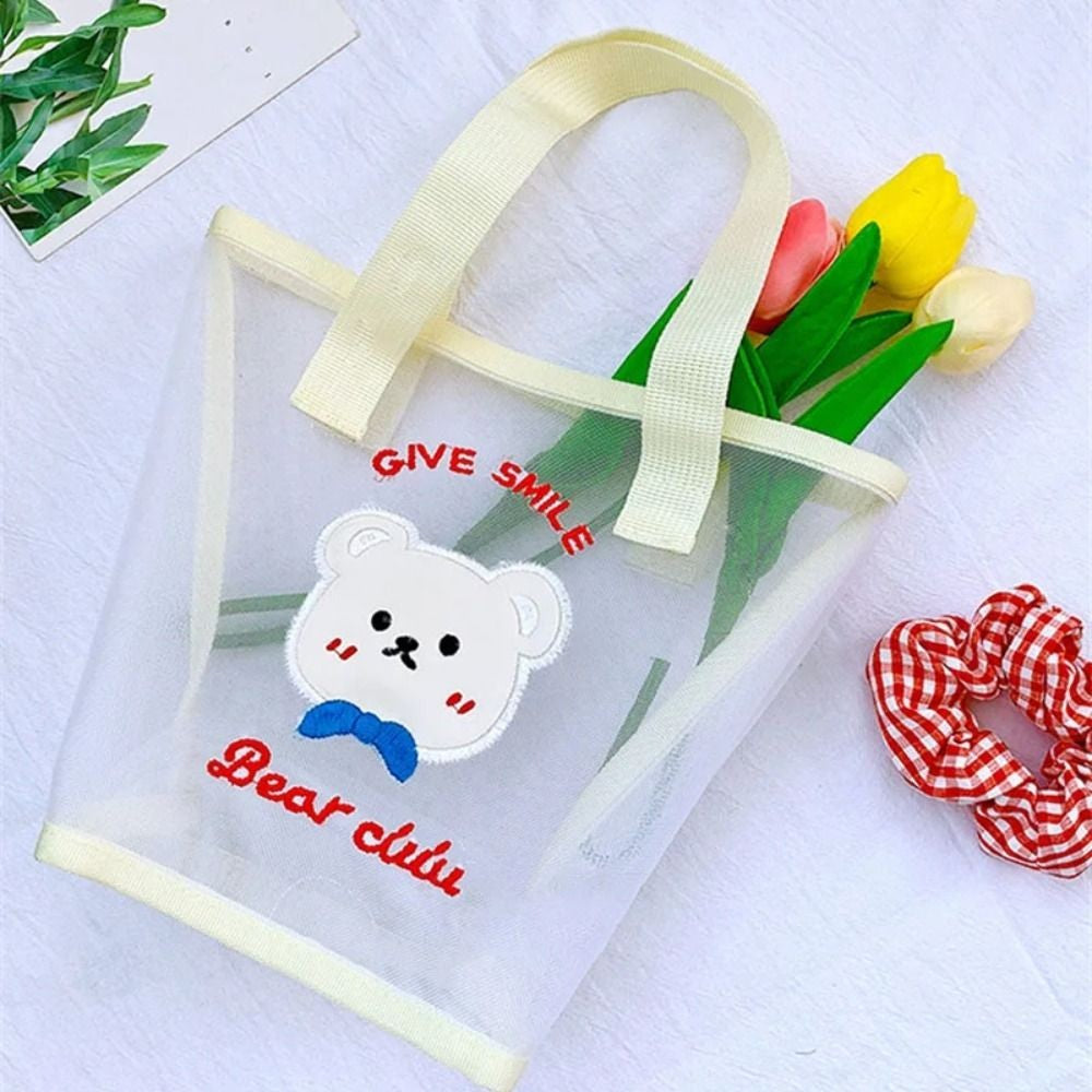 INS Cute Bear Cosmetic Bag Women Fashion Handbag Transparent Mesh Makeup Case Summer Convenient Swimming Outdoor Beach Bag