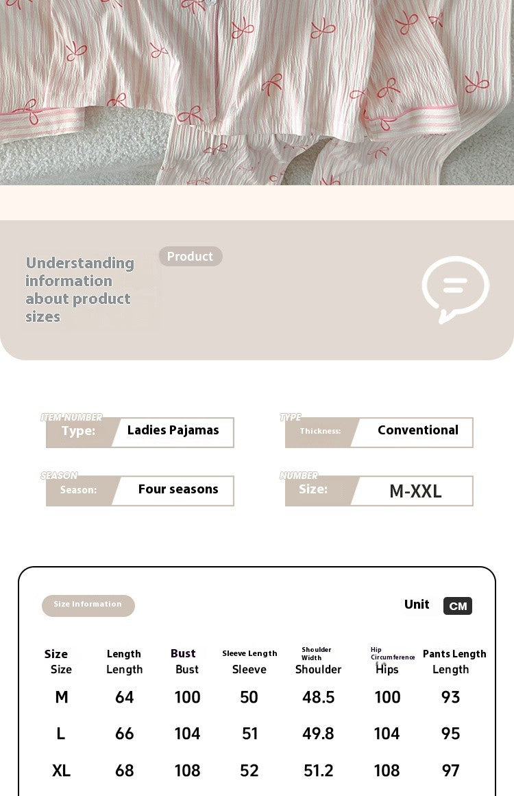 Spring and Autumn Sweet Bow Korean Style Ins Wrinkled Fabric Long Sleeve Cardigan Nightgown Women's High-Quality Homewear Set