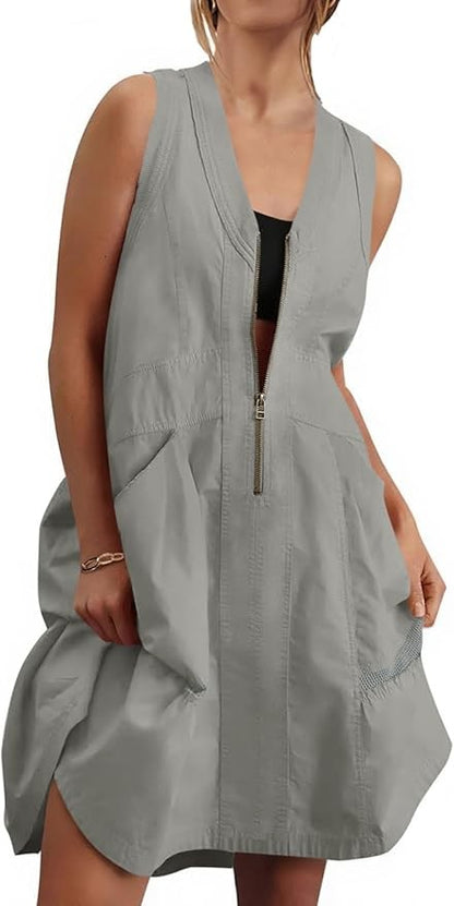 Fisoew Women's Sleeveless Mini Dress Half Zip V Neck Casual Mesh Back Summer Dress with Pockets sexy dress