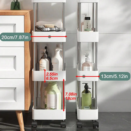 Rack de armazenamento móvel com 3/4 níveis para espaços estreitos, carrinho utilitário com rodinhas, prateleira organizadora fina para cozinha, banheiro e sala de estar