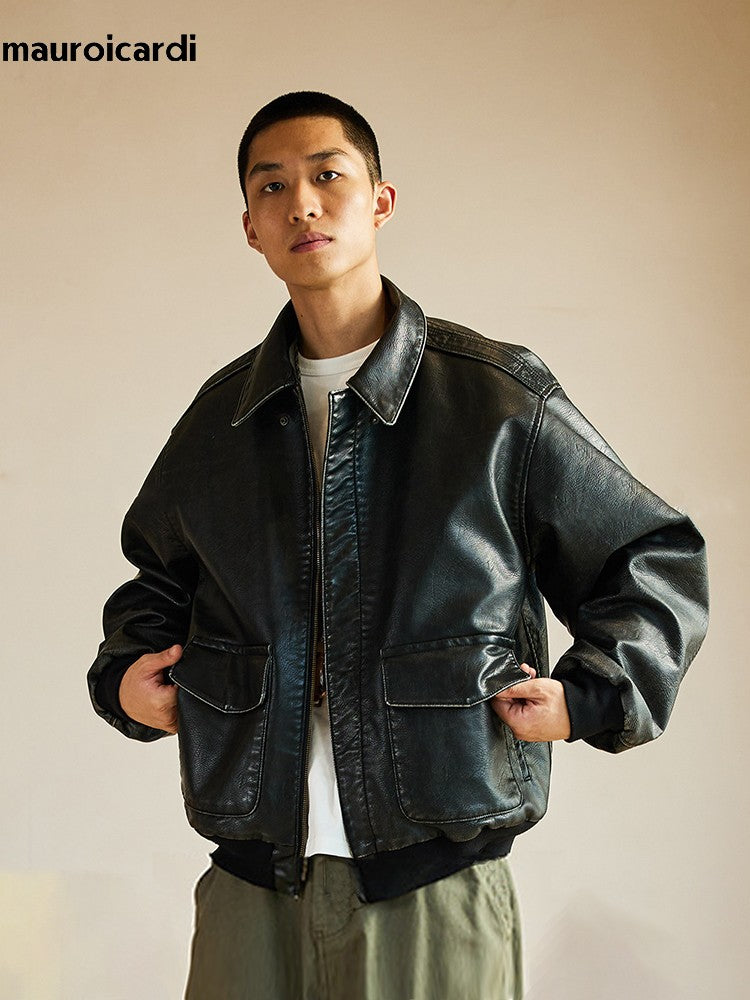 Mauroicardi Spring Cool Handsome Oversized Vintage Distressed Black Pu Leather Jacket Men Pockets Luxury Designer Clothes 2024