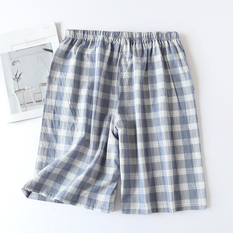 Plaid Design Sleepwear Men Pajama Shorts for Summer Thin Cotton Loose Double-layer Homewear Lounge Wear Checkered Pj Pants