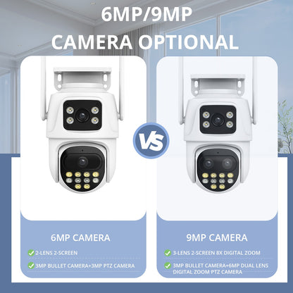9MP WIFI IP Camera Three Lens Dual Screen With 8X Zoom 6MP PTZ Camera Ai Auto Tracking Security Video Surveillance Camera iCSee
