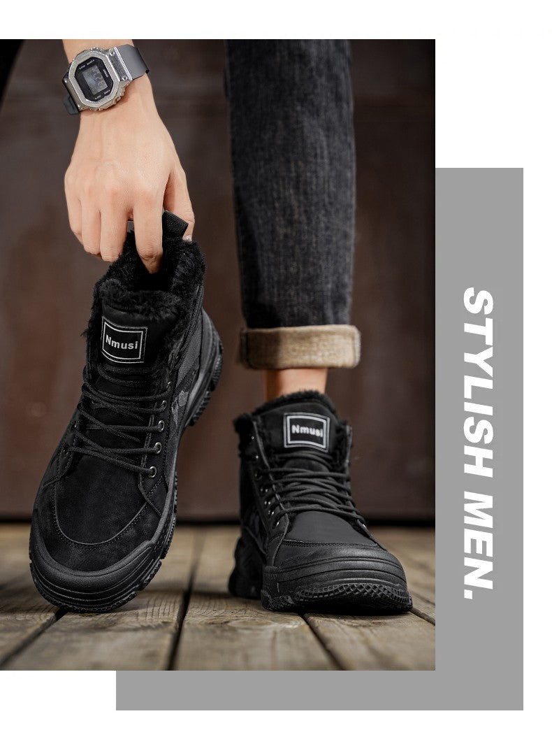 Winter Fleece Warm High-top Men's Shoes Trendy Casual Outdoor Solid Color Mid-top Fashionable Round Toe Plus-size Snow Boots