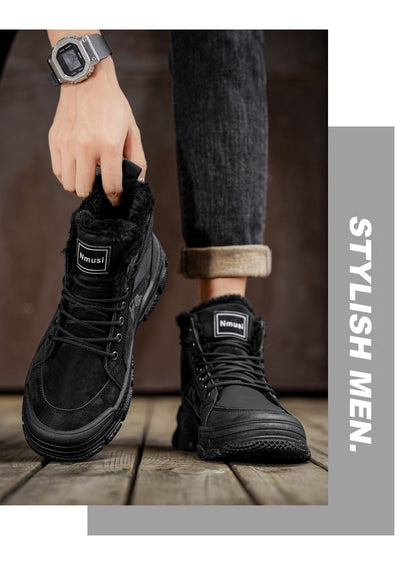 Winter Fleece Warm High-top Men's Shoes Trendy Casual Outdoor Solid Color Mid-top Fashionable Round Toe Plus-size Snow Boots