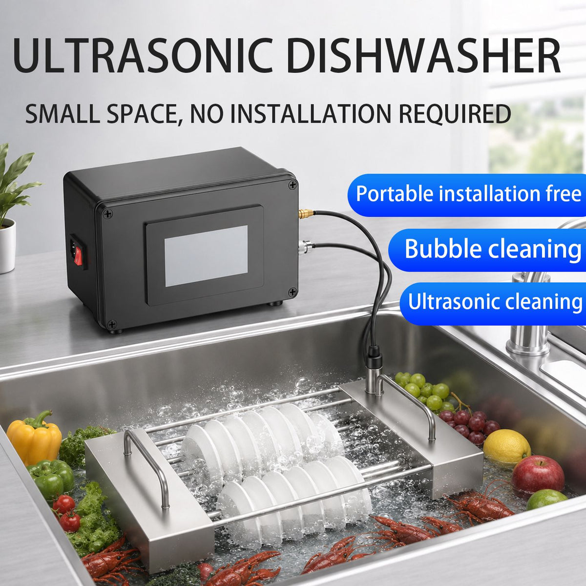 High-Power Bubbling Ultrasonic Dishwasher for Home, Restaurant, Small Smart Sink, Portable, Simple, No Installation