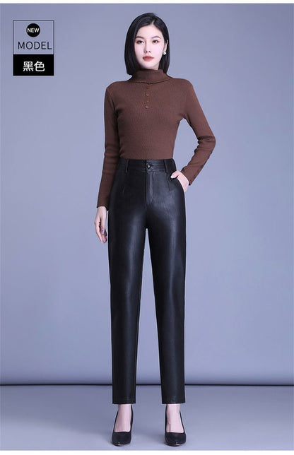 2023 Spring Autumn Sheepskin Pants Women High-waist Straight Pants Slim Lady Genuine Leather Casual Trousers Ankle-Length Pants