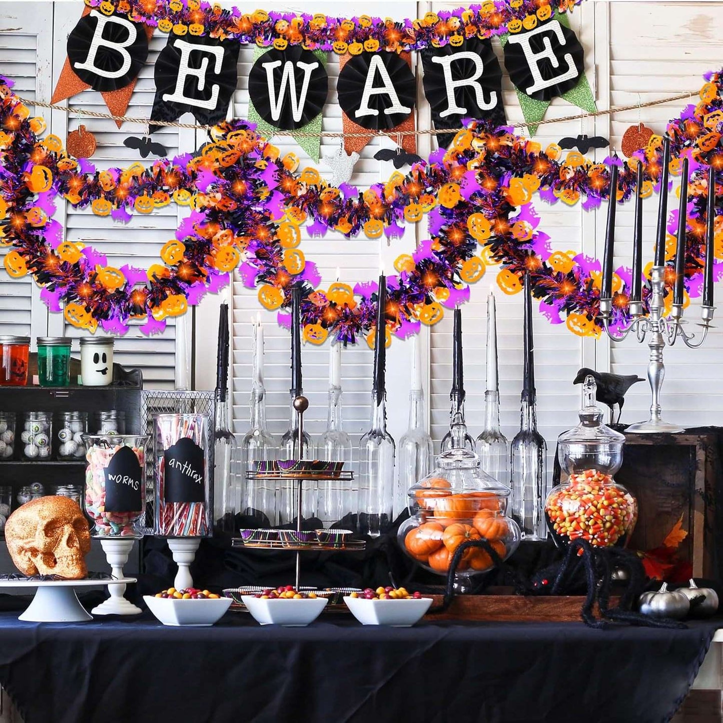 Halloween Tinsel Garland 2M Purple Tinsel Garland with Pumpkin Bat, Halloween Decoration for Indoor Outdoor Garden Party Porch