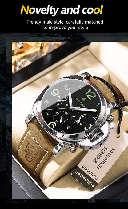 POEDAGAR Top Luxury Fashion Watch For Men Waterproof Luminous Chronograph Man Watch Leather Military Men's Quartz Watches Reloj
