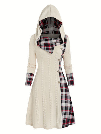 Knitted hooded dress plaid print stitching fake buckle high waist long sleeve A-line dress female