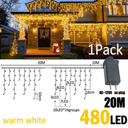 LED Christmas Icicle Curtain String Lights 20M+10M 480LED Extens 8Modes, Plug in Waterproof for Wedding Party Home Garden