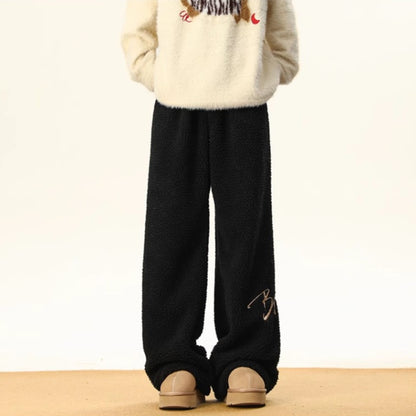 Women's Embroidered Flannel Sweatpants American Lamb Fleece Cotton Thickened Warm Couple Skiing Pants Autumn