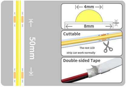 24V 12V COB LED Strip Light 8mm 320LEDs/M High Density Flexible Diode Tape Ribbon for Room Decor 1M 2M 3M 5M 10M Linear Dimmable