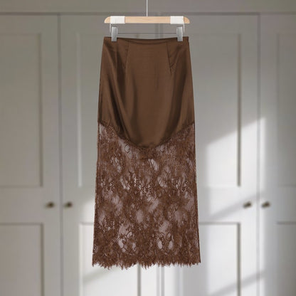 Satin Skirts Women Loose High Waist Patchwork Lace See Through Skirt Female 2025 Chic Solid Sexy Elegant Streetwears