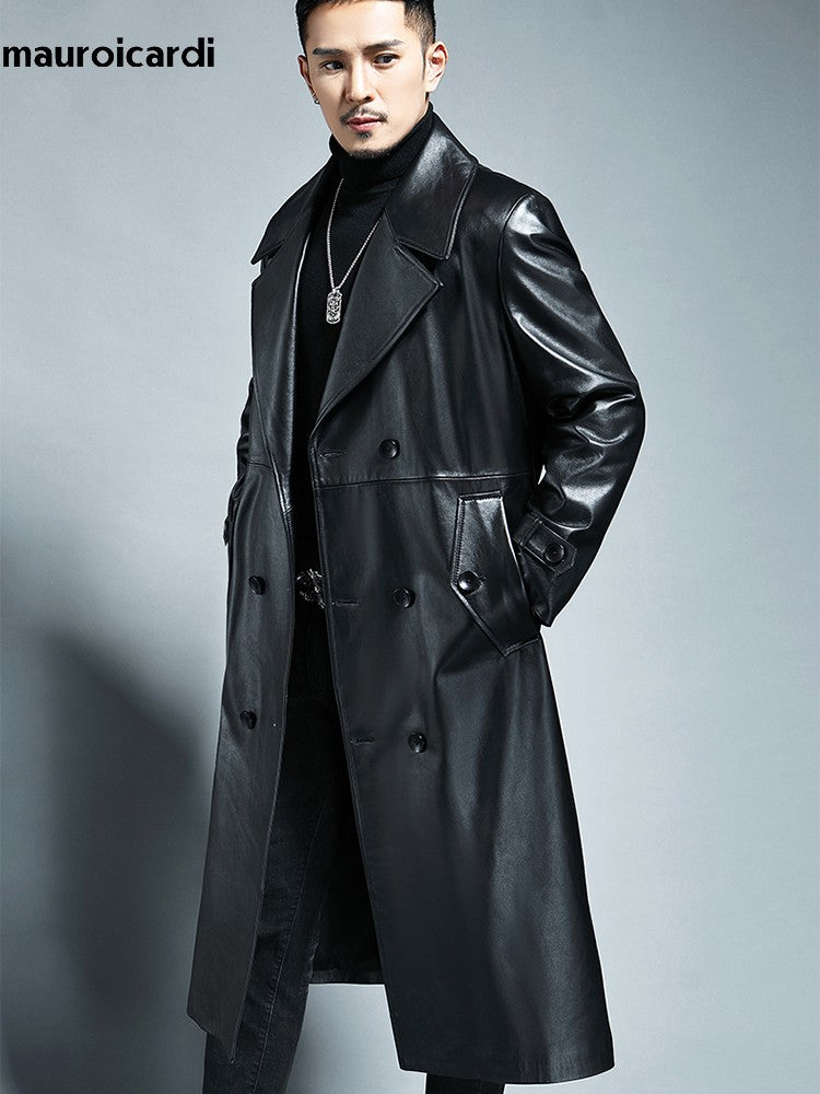 Mauroicardi Spring Autumn Long Cool Waterproof Black Pu Leather Trench Coat Men Double Breasted Plus Size Outerwear 4xl 5xl 2022