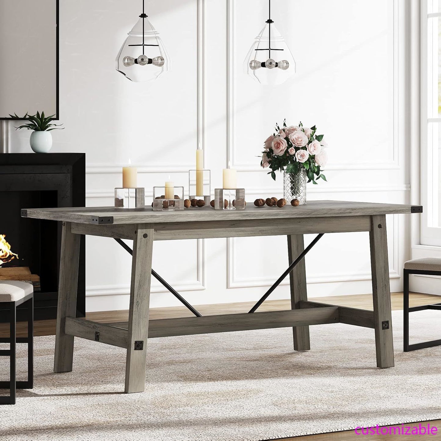 4-6 Person Farmhouse Dining Table with Heavy Duty Wooden Legs, 67.7 Inch Rectangular Modern Wood Kitchen Table