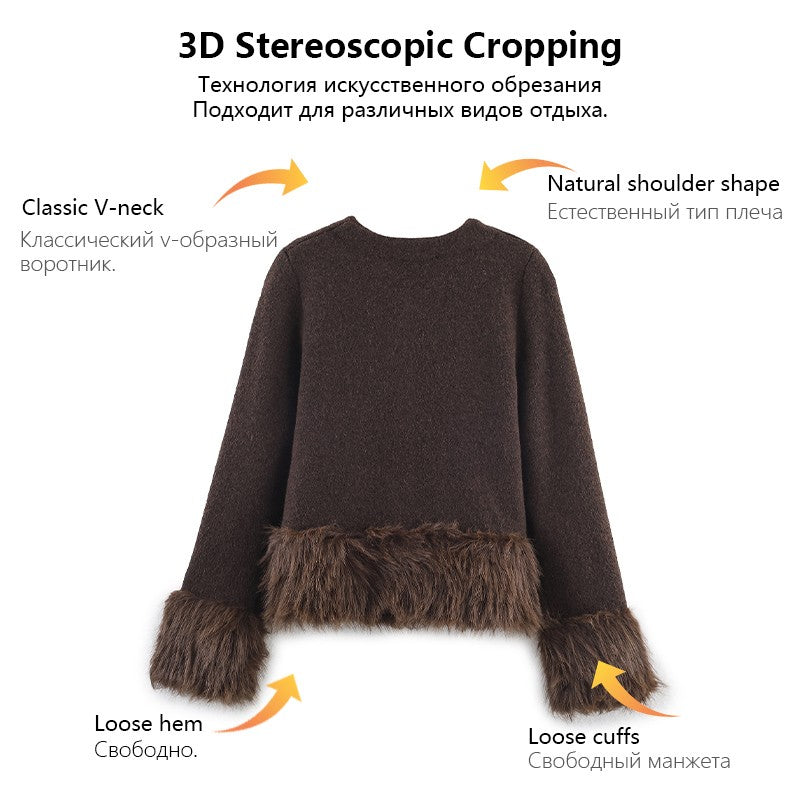 Ladies Coat With Plush Hem Faux Fur Single Breasted Patchwork Knitted Coat Autumn And Winter Daily Fashion Versatile Coat