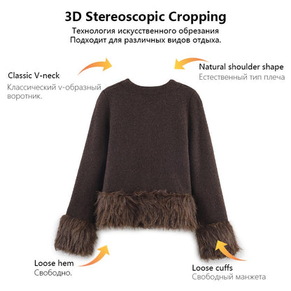 Ladies Coat With Plush Hem Faux Fur Single Breasted Patchwork Knitted Coat Autumn And Winter Daily Fashion Versatile Coat