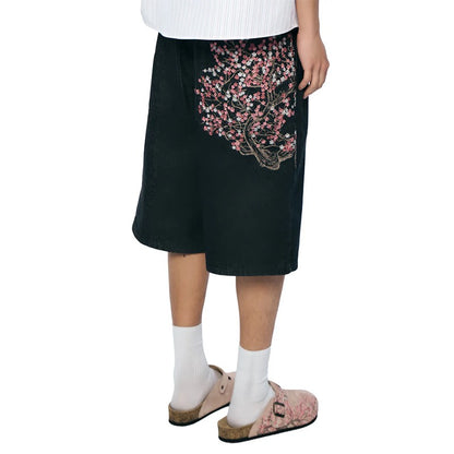 Fashion Retro Cherry Blossom Pattern Embroidery Black Denim Shorts Gothic Hip Hop Men Women Versatile Casual Streetwear Summer