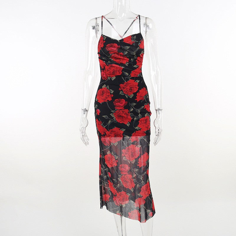 Flowers Print Spaghetti Strap Dresses Women Temperament Package Hip Bodycon Long