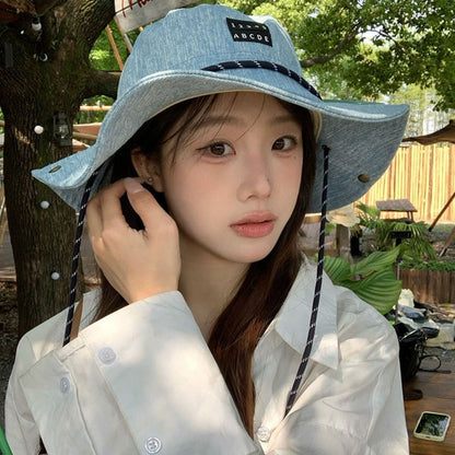 Retro Sunscreen Western Cowboy Hat Lightweight Wide-Brimmed Denim Bucket Hat Japanese Style Cloth Fisherman Hat Travel