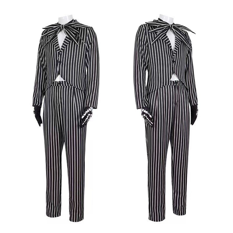 Anime Jack Skelington Black White Striped Cosplay Costume Men Retro Tailcoat Woman Dress Christmas Night Halloween Party Outfit