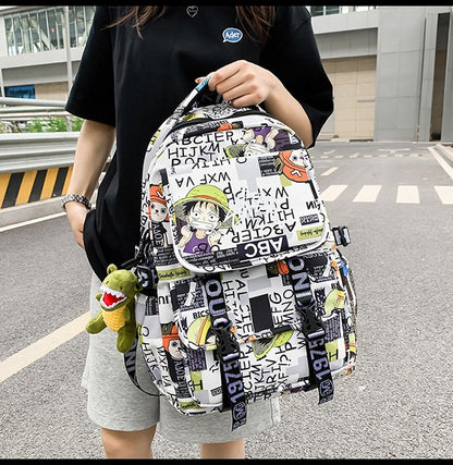 Anime Male and Female High-capacity One Piece Luffy Graffiti Printed Backpack for Middle High Students School Bag