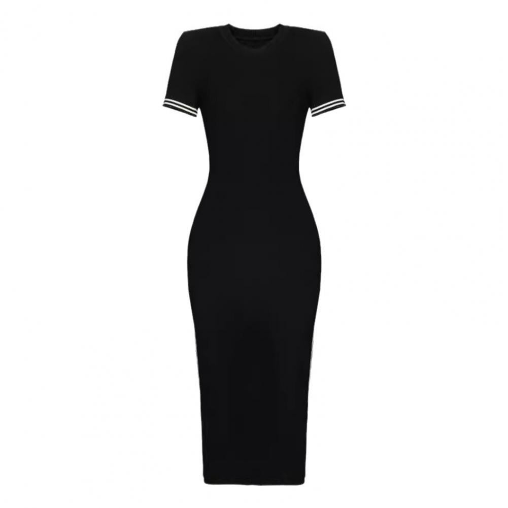 Elegant Summer Women Dress O Neck Side Slit Slim Solid Color Short Sleeves Striped Skinny Maxi Dress