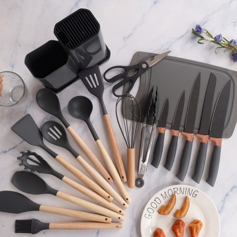 Conjunto de utensílios de cozinha de silicone, 19 peças com cabo de madeira, espátula, panela antiaderente e balde de armazenamento de facas multiuso integrado