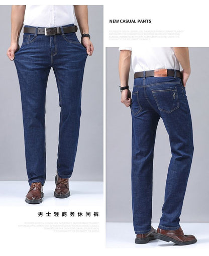 Summer Thin Men's Elastic Cotton Jeans Fashion Blue Comfortable Business Straight Casual Pants Brand Male Clothes Trousers